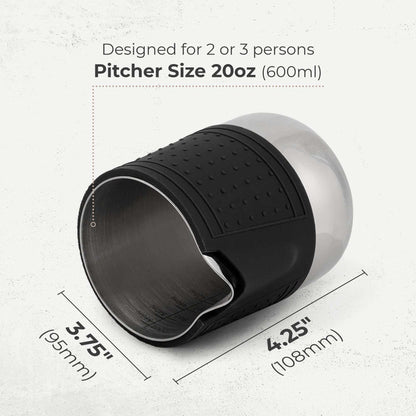 Milk frothing pitcher with black silicone sleeve, stainless steel interior, and pour spout