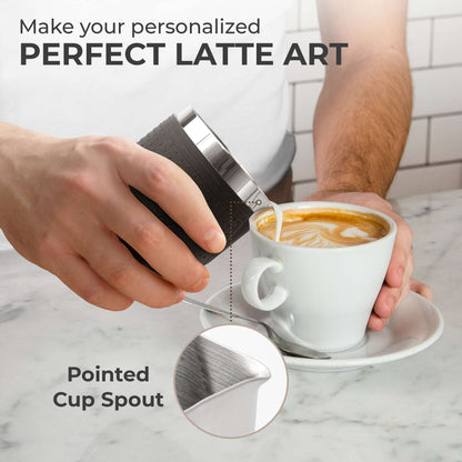 Stainless steel milk frothing pitcher with pointed cup spout and black silicone sleeve