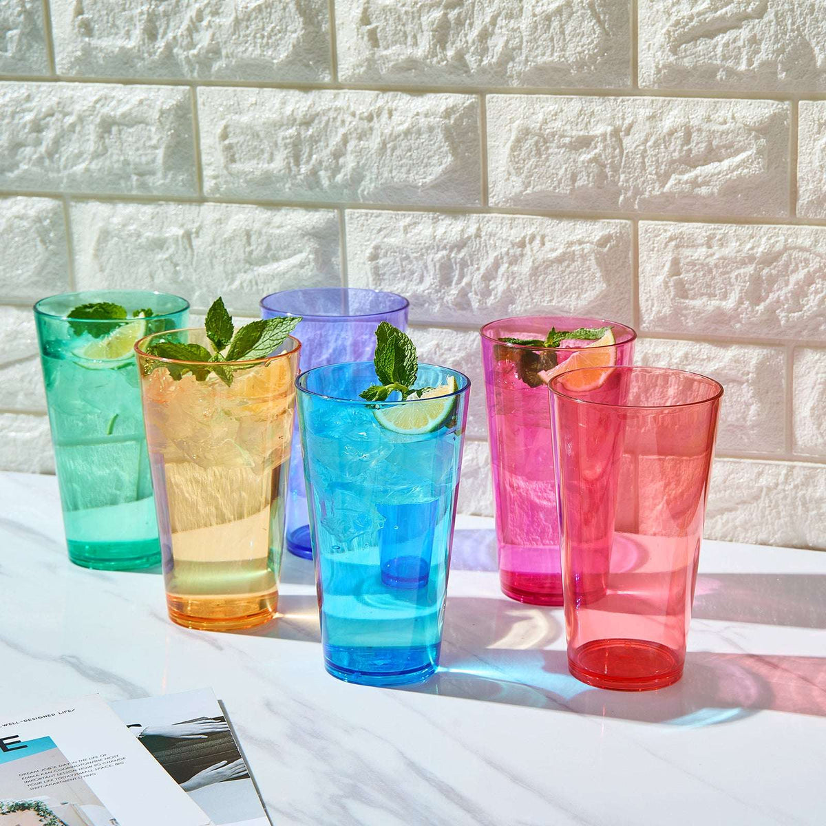 Madrid acrylic highball glasses set of 6, assorted colors with ice and fresh mint