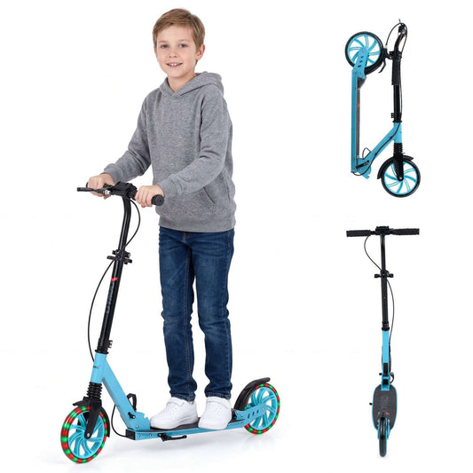 Blue light-up kick scooter with three wheels and adjustable handlebars, side view