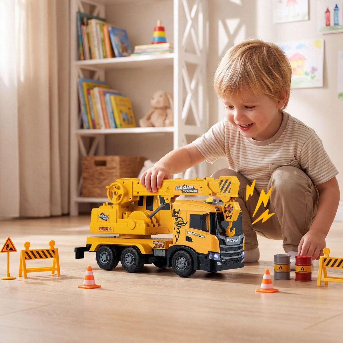 Yellow Scania crane truck toy with raised boom and hook, shown with a child.