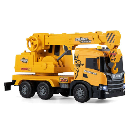 Yellow Scania crane truck toy with folded boom, hook, and black six-wheel chassis.