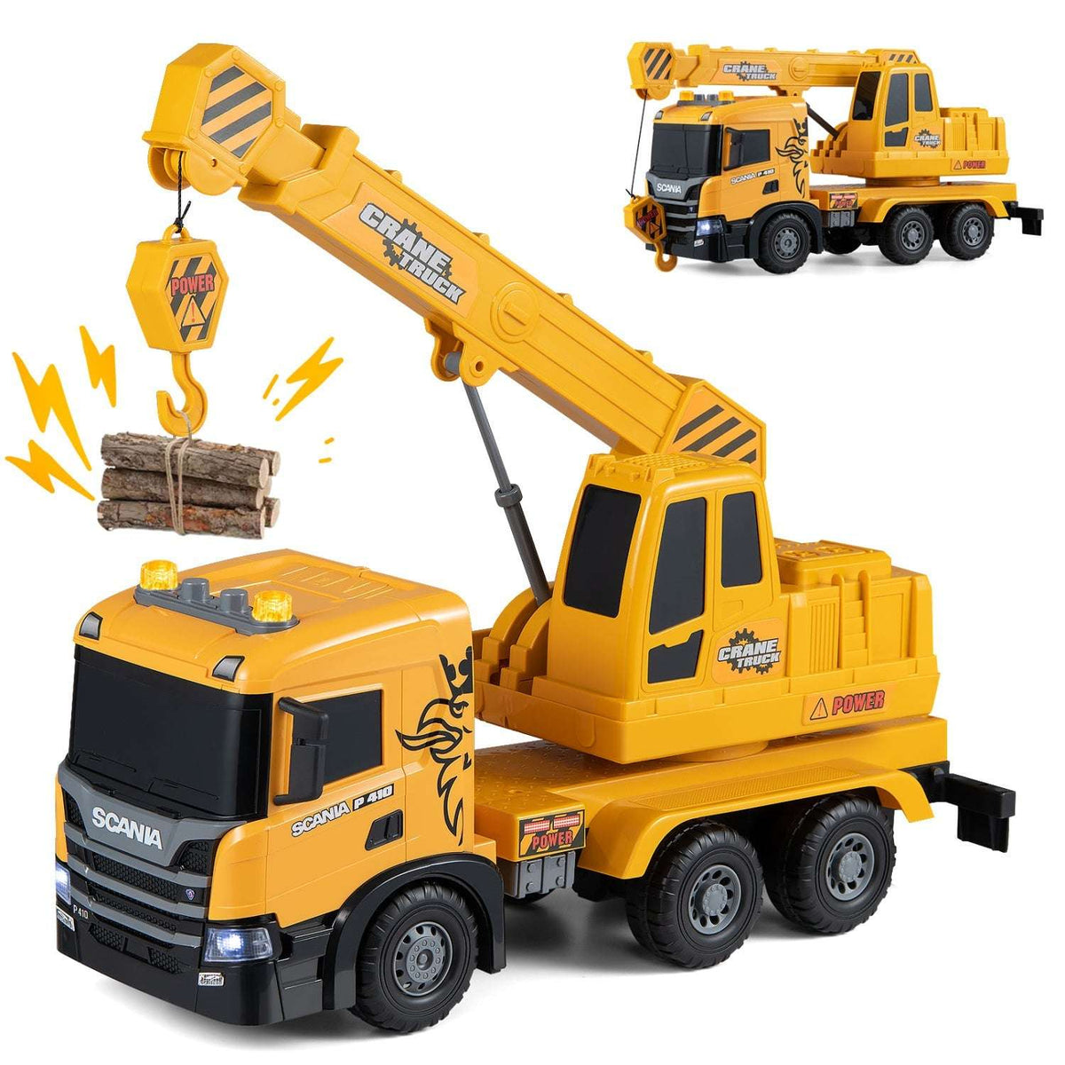 Yellow Scania crane truck toy lifting a bundle of logs with its extended boom and hook.