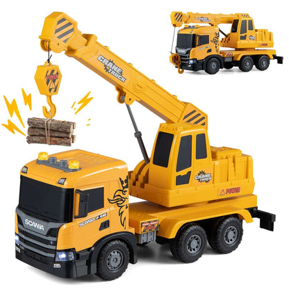 Yellow Scania crane truck toy lifting a bundle of logs with its extended boom and hook.