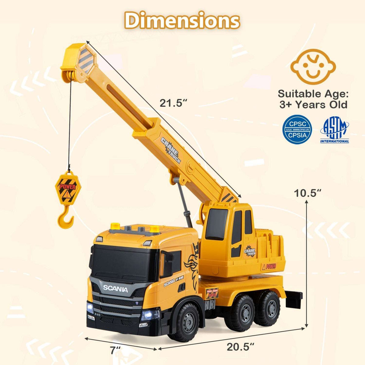 Yellow Scania crane truck toy with extended boom; dimensions shown as 20.5 by 10.5 by 7 inches.
