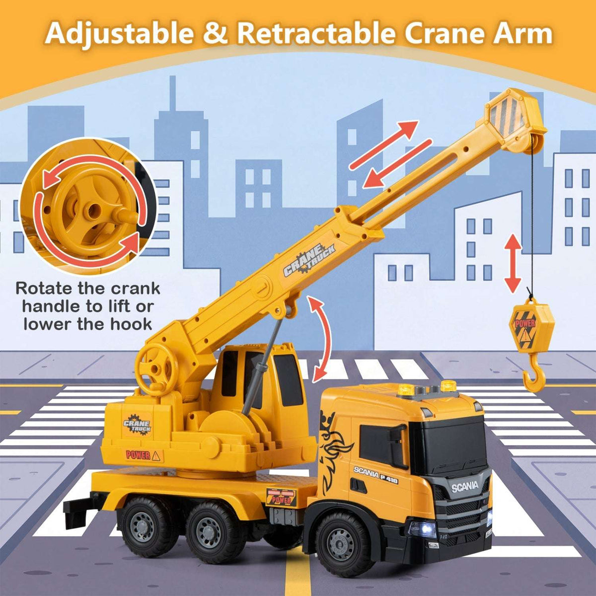 Yellow Scania crane truck toy with extended, adjustable boom and hanging hook.