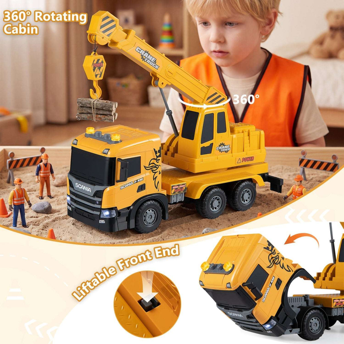 Yellow Scania crane truck toy with raised boom and rotating cab; cab tilts forward.