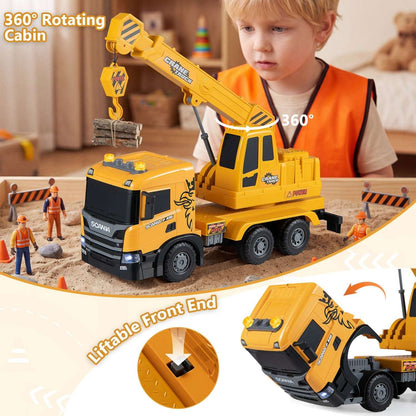 Yellow Scania crane truck toy with raised boom and rotating cab; cab tilts forward.