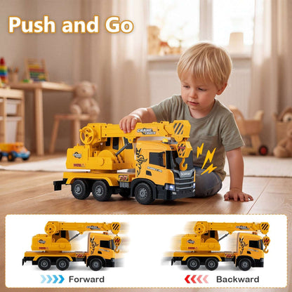 Yellow Scania crane truck toy with boom folded over the cab, shown moving forward and backward.