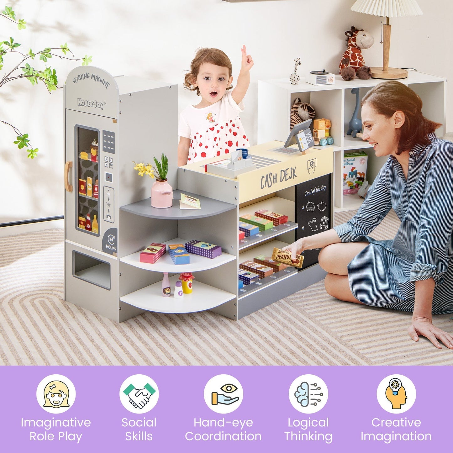 Kids Grocery Store Playset | POS Machine, Conveyor Belt & Chalkboard | ASTM & CPSIA Certified | Ages 3–8 | White or Gray