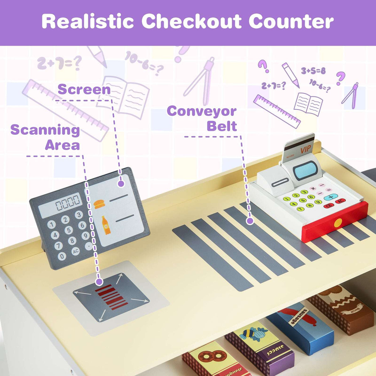 Close-up of playset checkout counter with scanner, keypad, conveyor belt and toy register