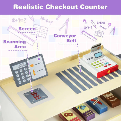 Close-up of playset checkout counter with scanner, keypad, conveyor belt and toy register
