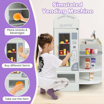 Play grocery store vending machine with shelves and snack retrieval slot