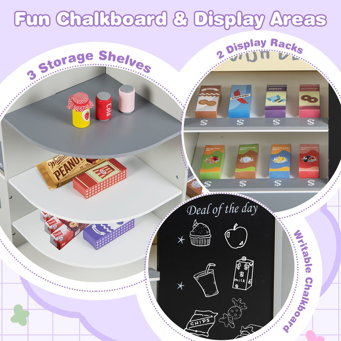 Kids Grocery Store Playset | POS Machine, Conveyor Belt & Chalkboard | ASTM & CPSIA Certified | Ages 3–8 | White or Gray