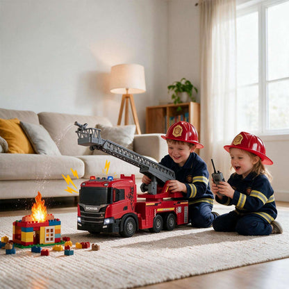 Red Scania toy fire truck with extended ladder, shown with children playing.