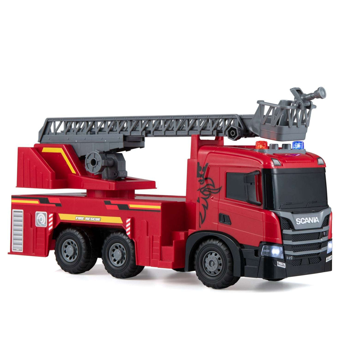 Red Scania toy fire truck with a retracted gray ladder and roof lights.