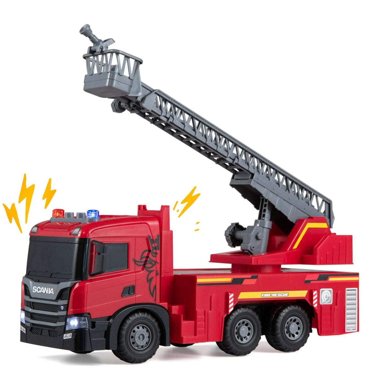 Red Scania toy fire truck with its gray ladder raised and lights on.