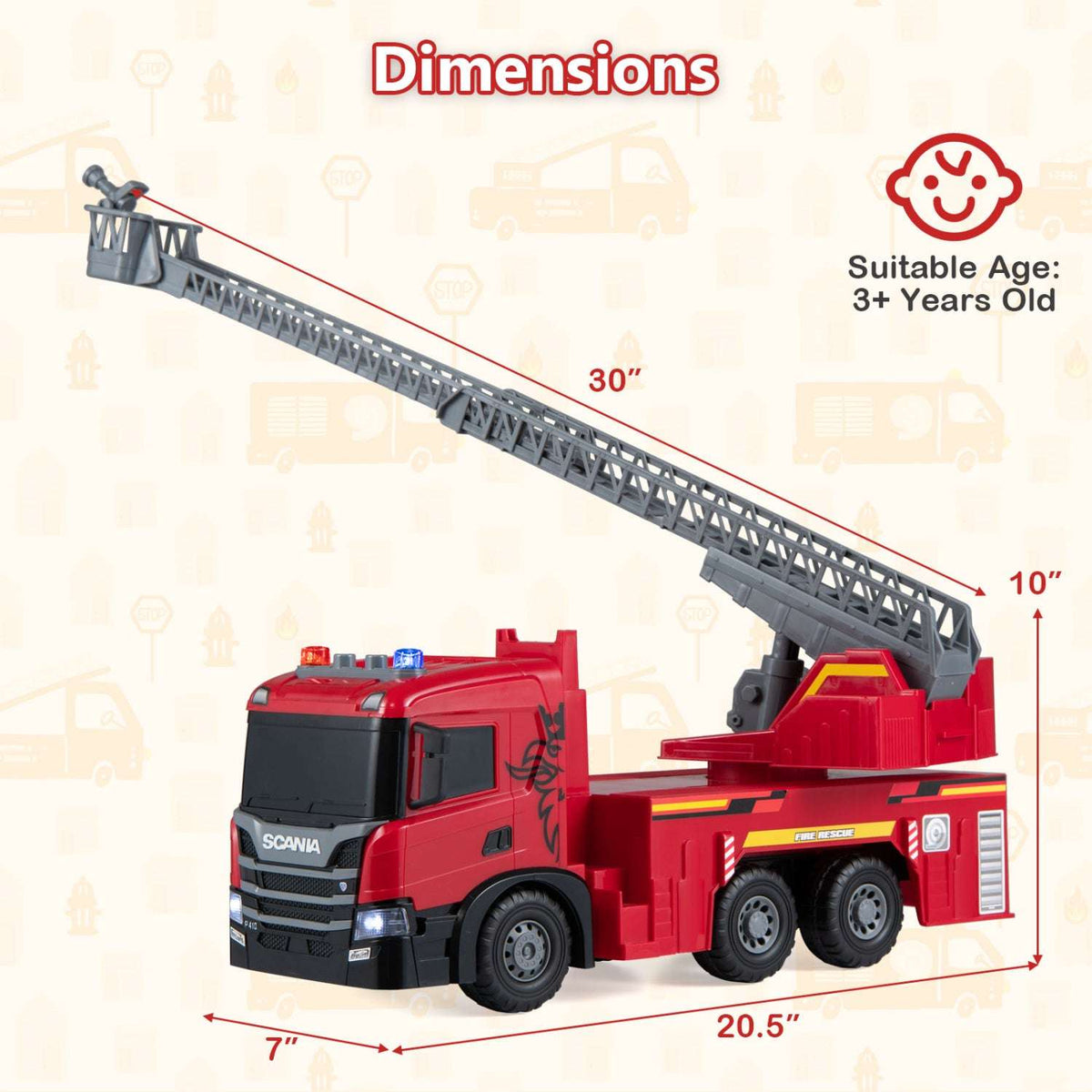 Red Scania ladder fire truck with extended ladder and dimensions marked.