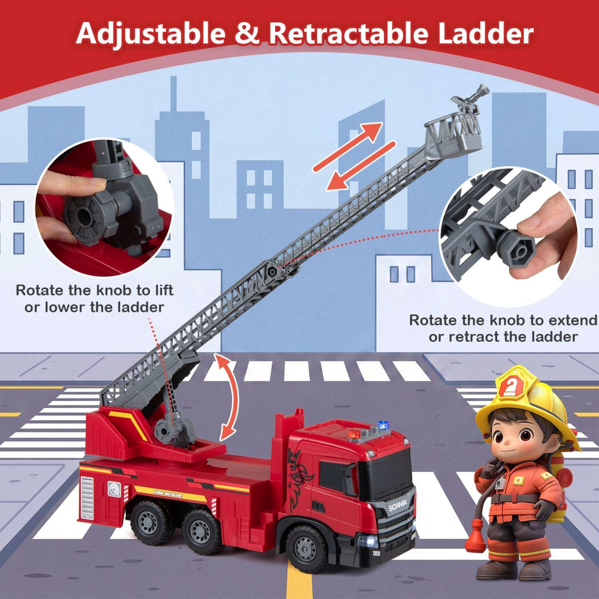 Red toy fire truck with adjustable, retractable ladder and rotating control knobs.