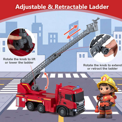Red toy fire truck with adjustable, retractable ladder and rotating control knobs.