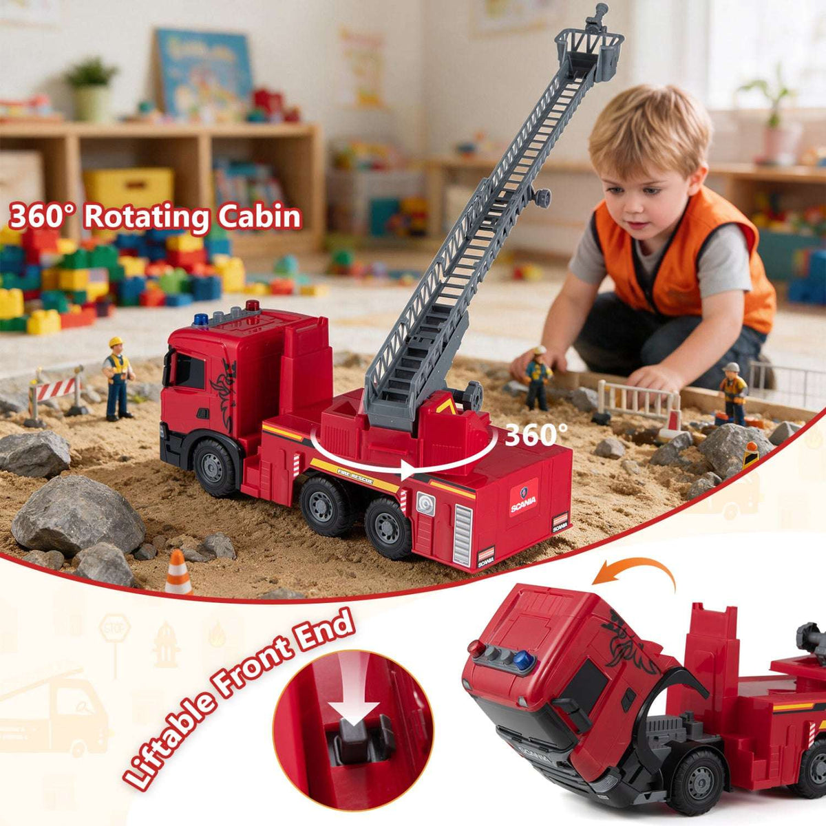 Red Scania toy fire truck with raised ladder and rotating cab.