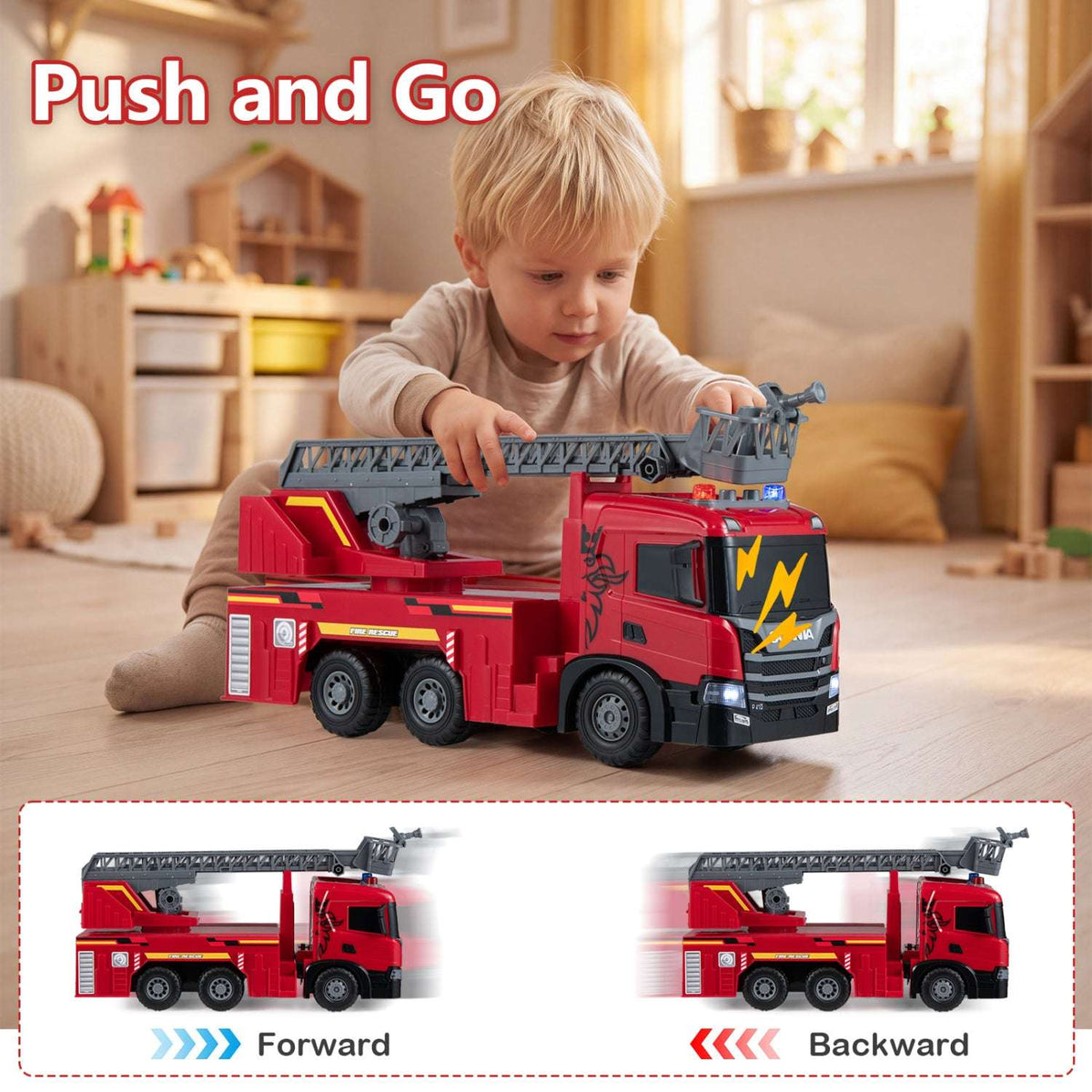Red Scania toy fire truck with extendable ladder, shown in push-and-go play.