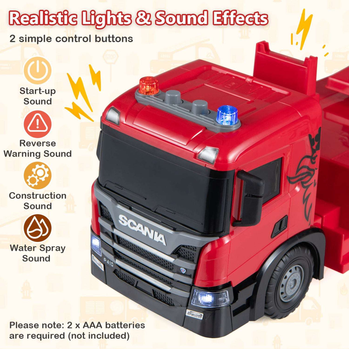 Close-up of red Scania toy fire truck cab with flashing lights and sound controls.