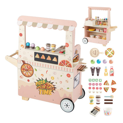 Kids Wooden Pizza Food Truck Pretend Play Cart | 40-Piece Set | ASTM & CPSIA Certified | Ages 3+ | Pink