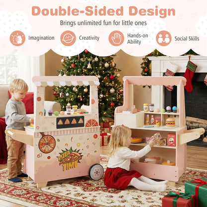 Kids Wooden Pizza Food Truck Pretend Play Cart | 40-Piece Set | ASTM & CPSIA Certified | Ages 3+ | Pink