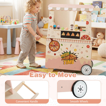 Kids Wooden Pizza Food Truck Pretend Play Cart | 40-Piece Set | ASTM & CPSIA Certified | Ages 3+ | Pink