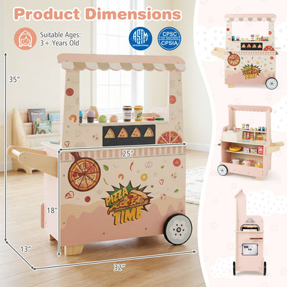 Kids Wooden Pizza Food Truck Pretend Play Cart | 40-Piece Set | ASTM & CPSIA Certified | Ages 3+ | Pink