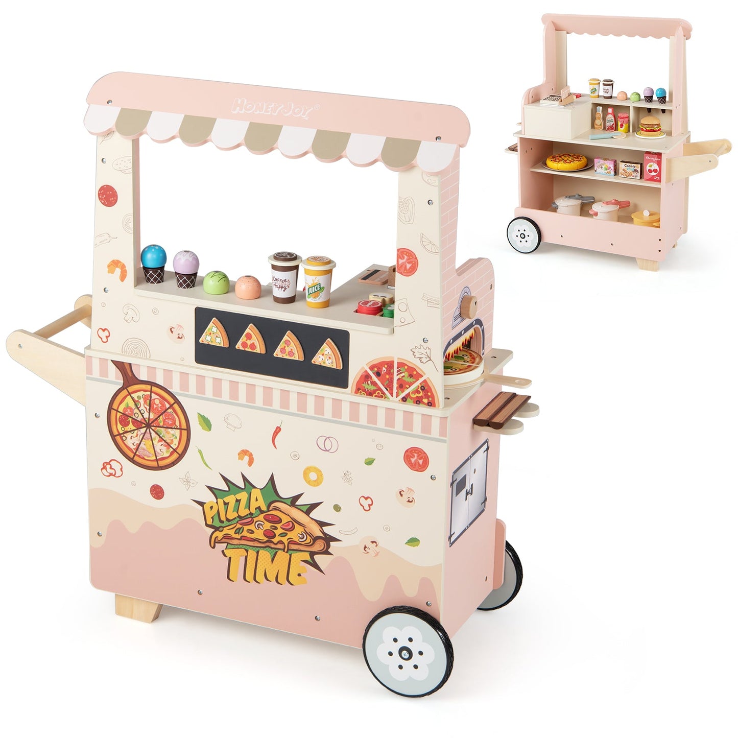 Kids Wooden Pizza Food Truck Pretend Play Cart | 40-Piece Set | ASTM & CPSIA Certified | Ages 3+ | Pink