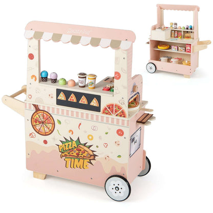 Kids wooden pizza pretend play cart in pink with open shelves and front wheels