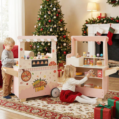 Kids Wooden Pizza Food Truck Pretend Play Cart | 40-Piece Set | ASTM & CPSIA Certified | Ages 3+ | Pink