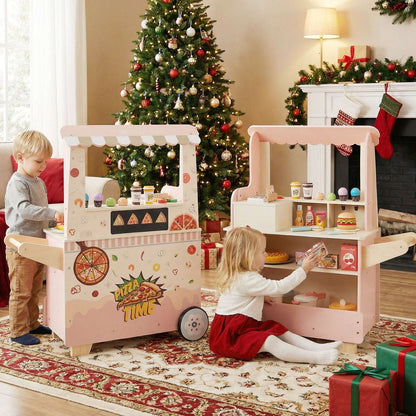 Pink wooden pretend play pizza cart with open shelves and counter, on wheels