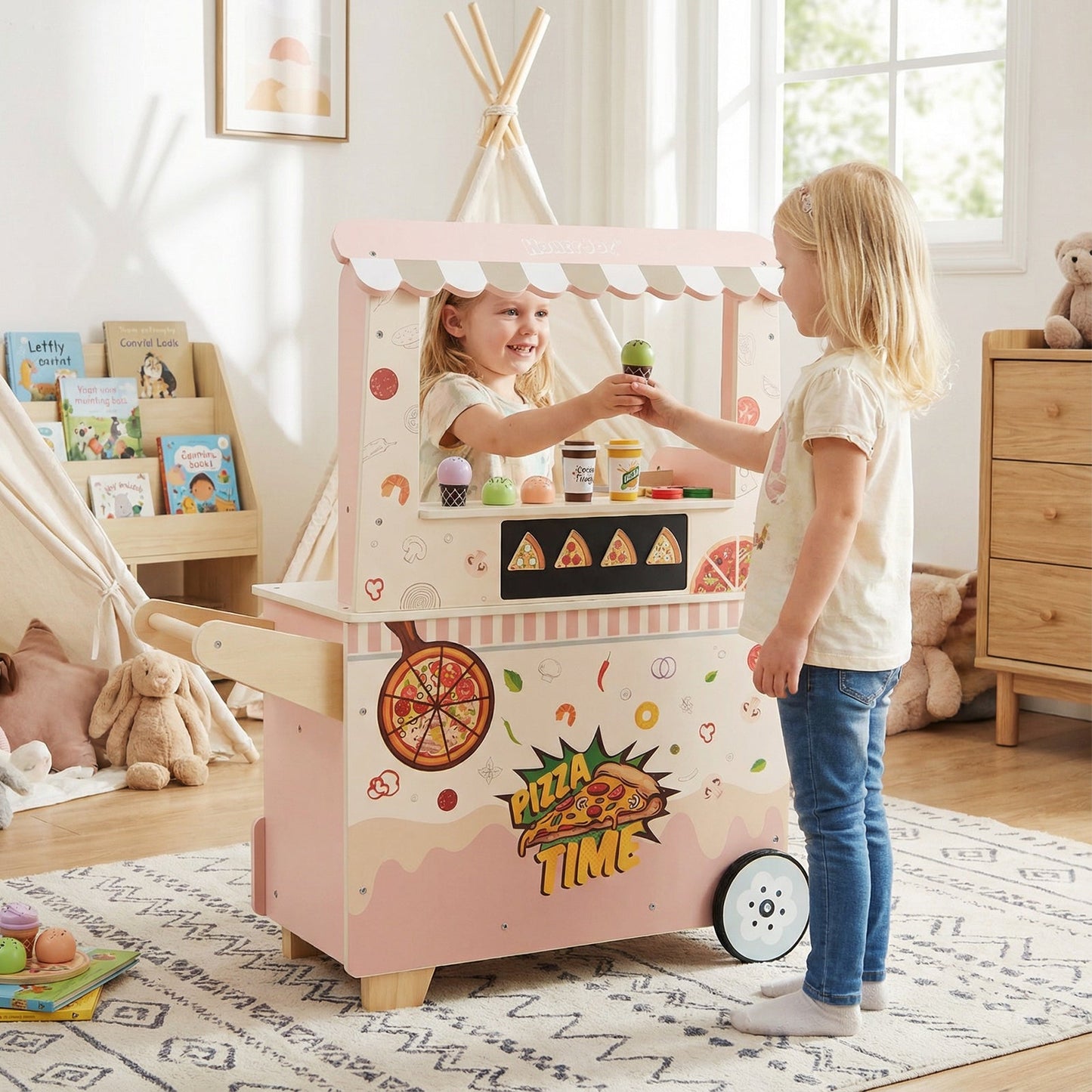 Kids Wooden Pizza Food Truck Pretend Play Cart | 40-Piece Set | ASTM & CPSIA Certified | Ages 3+ | Pink