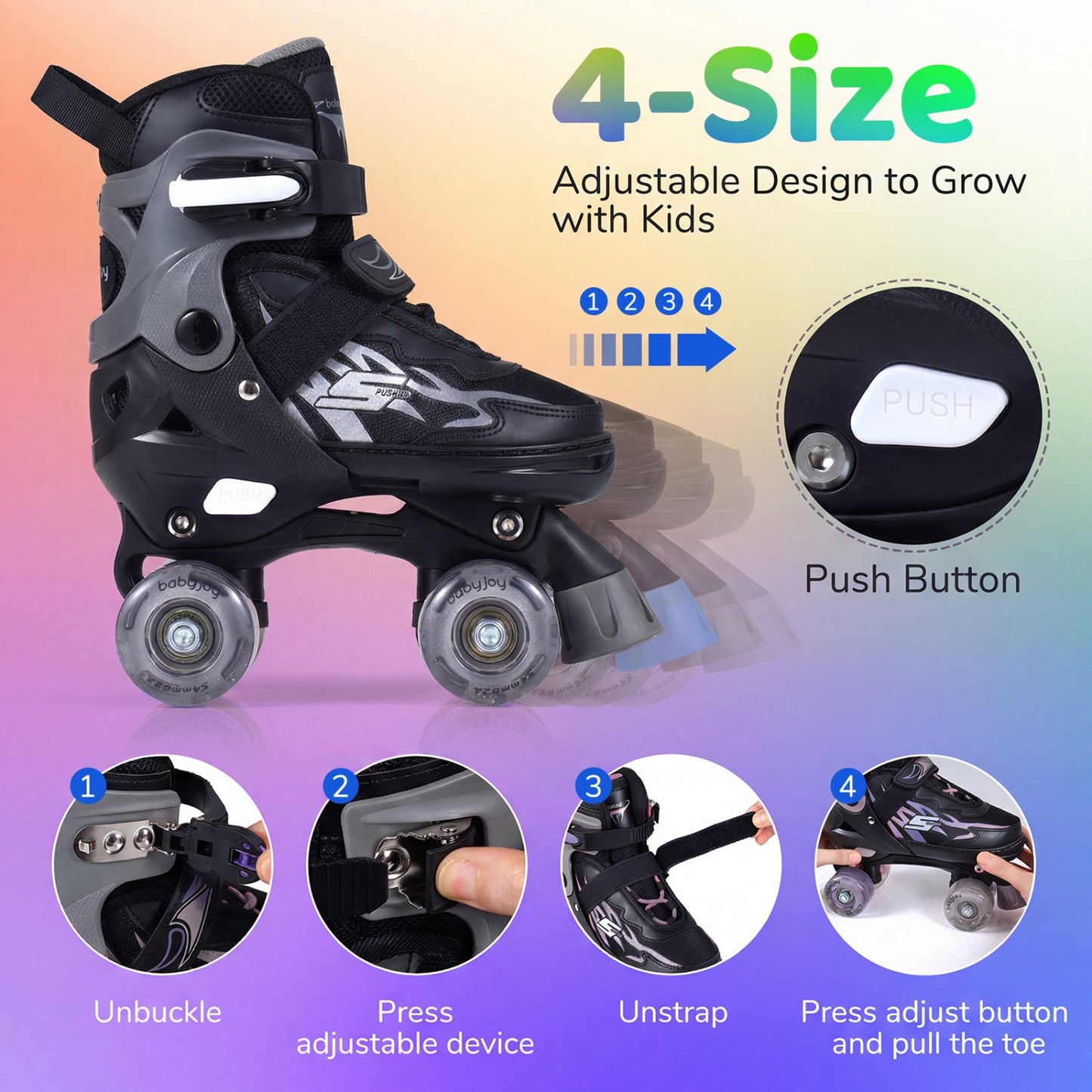 Kids Adjustable Quad Roller Skates with Light-Up Wheels | Girls & Boys - Niksstuff