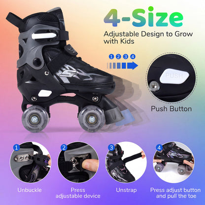 Kids Adjustable Quad Roller Skates with Light-Up Wheels | Girls & Boys - Niksstuff