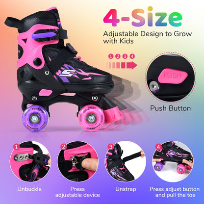 Kids Adjustable Quad Roller Skates with Light-Up Wheels | Girls & Boys - Niksstuff