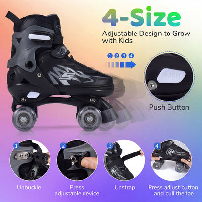 Kids Adjustable Quad Roller Skates with Light-Up Wheels | Boys & Girls - Niksstuff