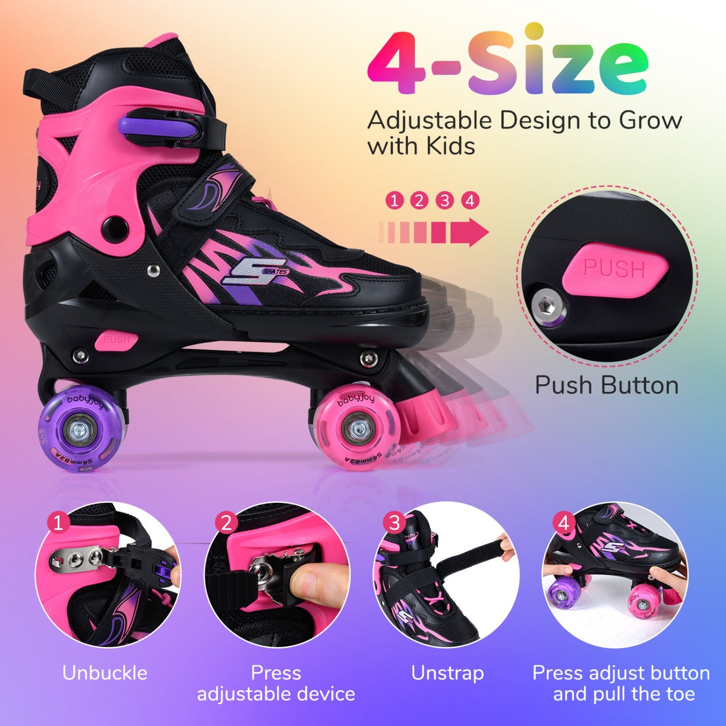 Kids & Teen Adjustable Quad Roller Skates with Light-Up Wheels - Niksstuff