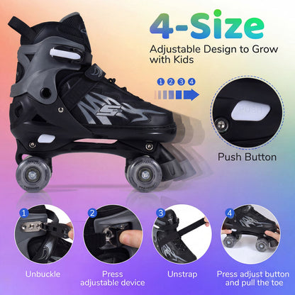 Kids & Teen Adjustable Quad Roller Skates with Light-Up Wheels - Niksstuff