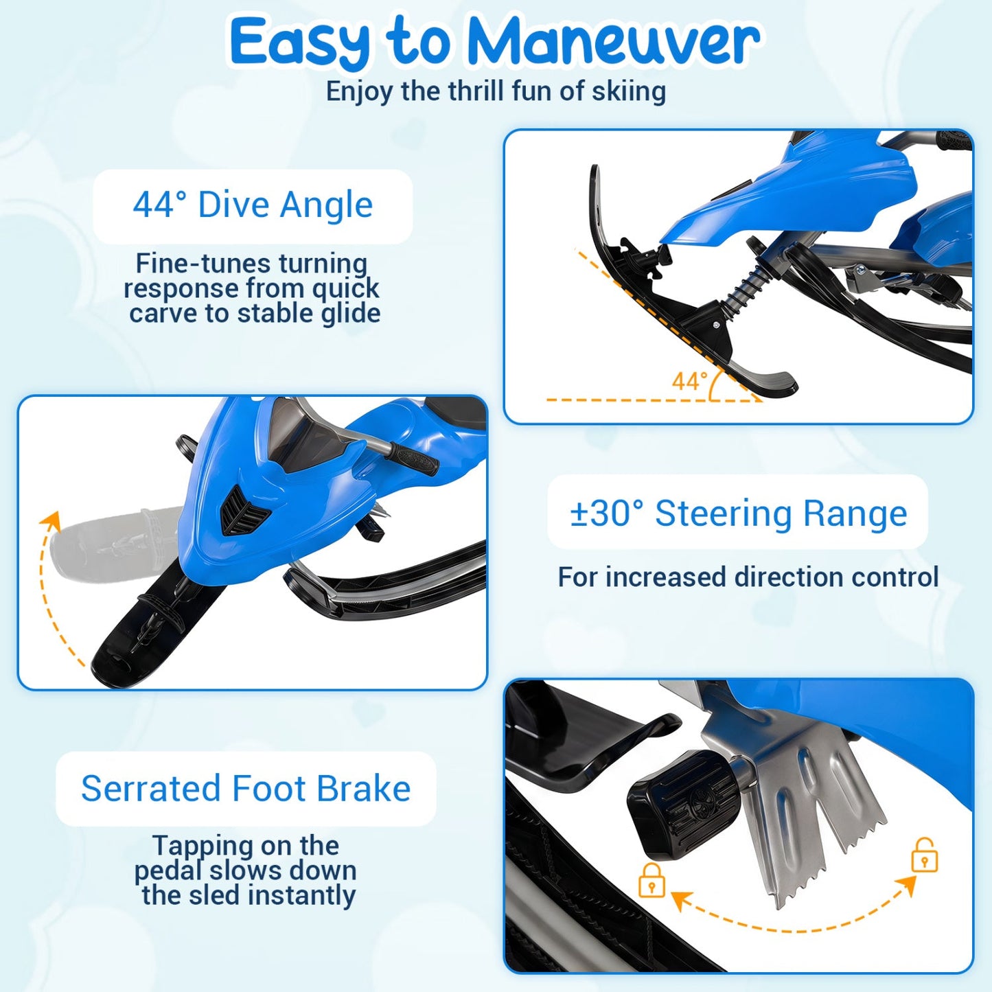 Snow Racer Sled for Kids | Brakes, Steering & Spring Suspension | Ages 6–12 | 90 lb Capacity | 3 Colors