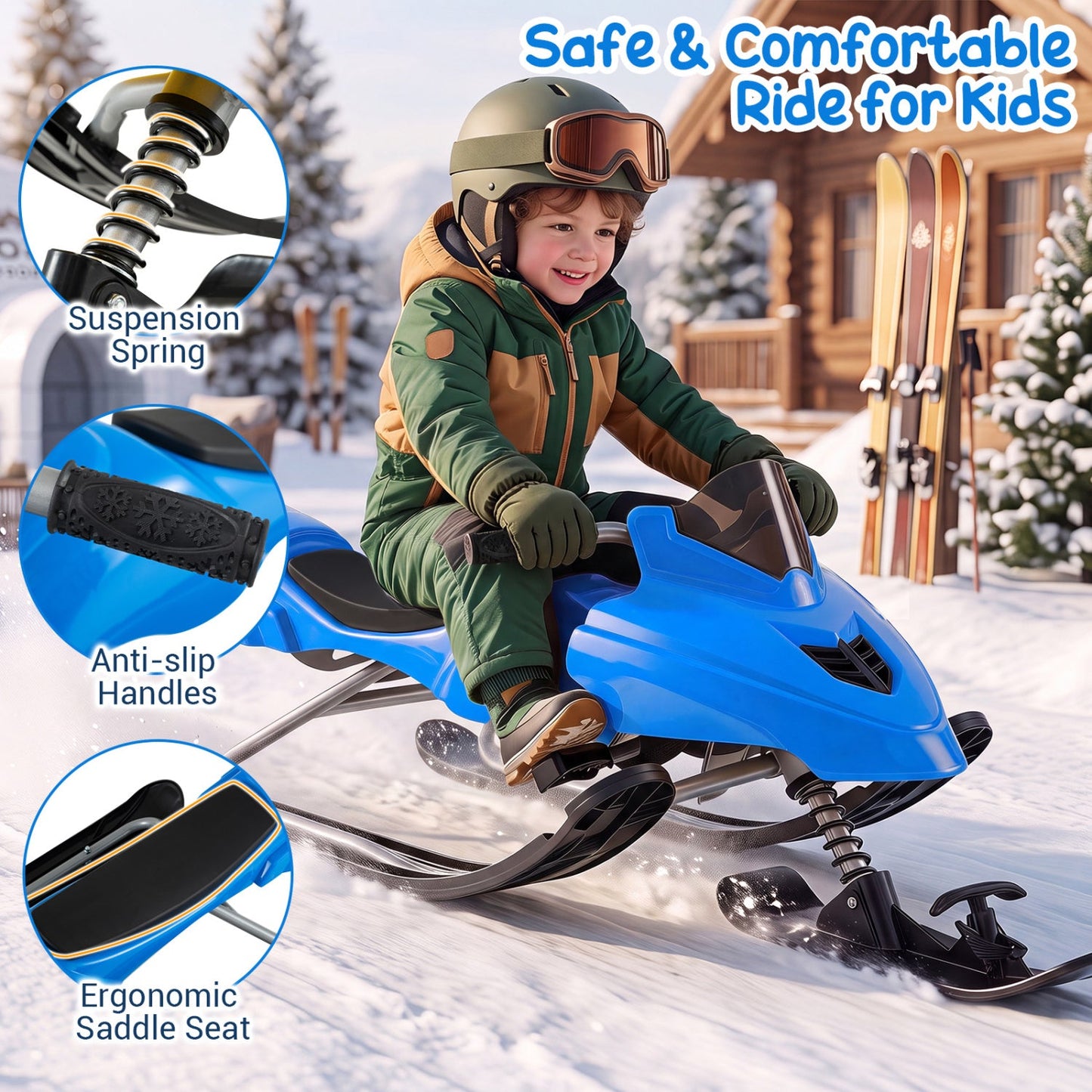 Snow Racer Sled for Kids | Brakes, Steering & Spring Suspension | Ages 6–12 | 90 lb Capacity | 3 Colors