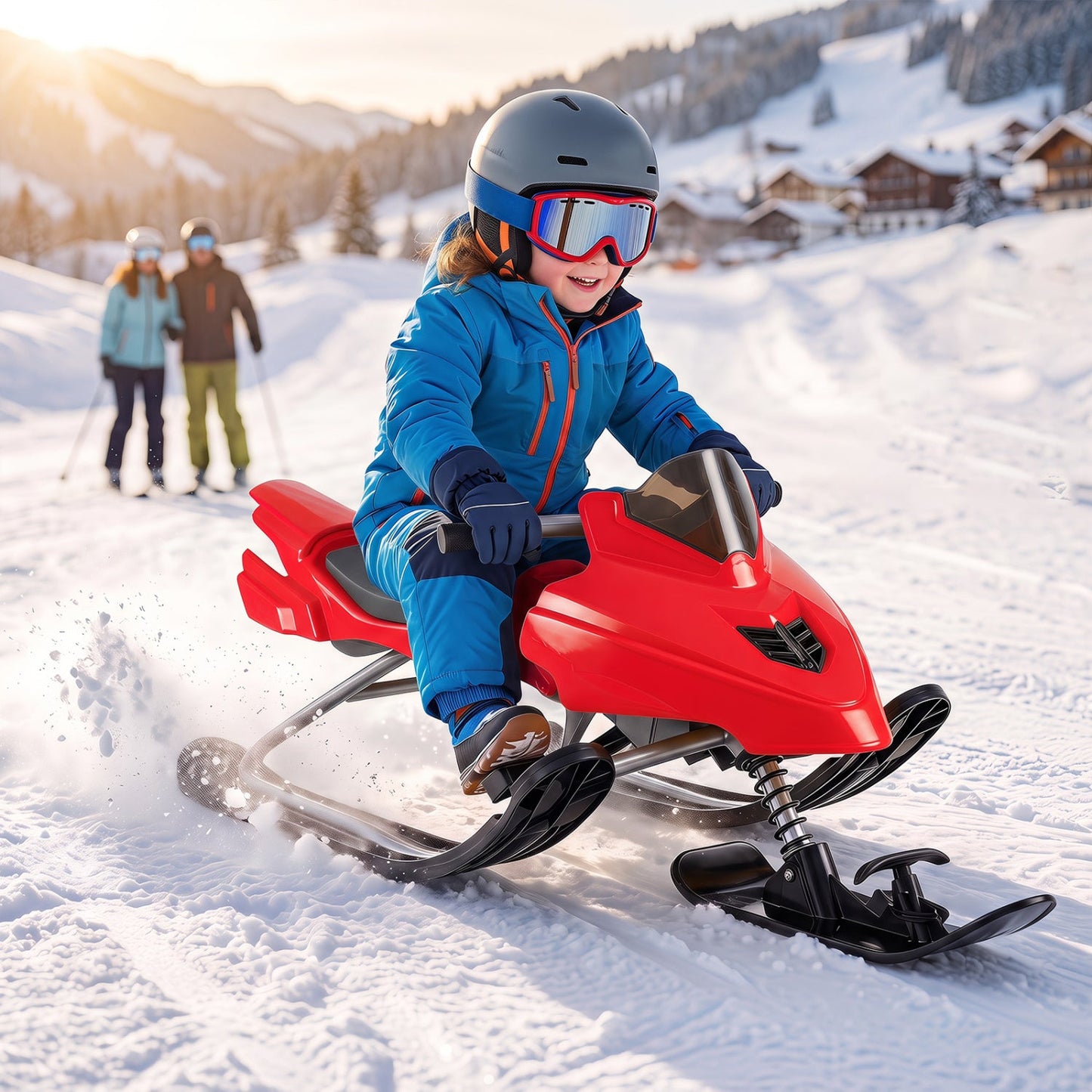 Snow Racer Sled for Kids | Brakes, Steering & Spring Suspension | Ages 6–12 | 90 lb Capacity | 3 Colors