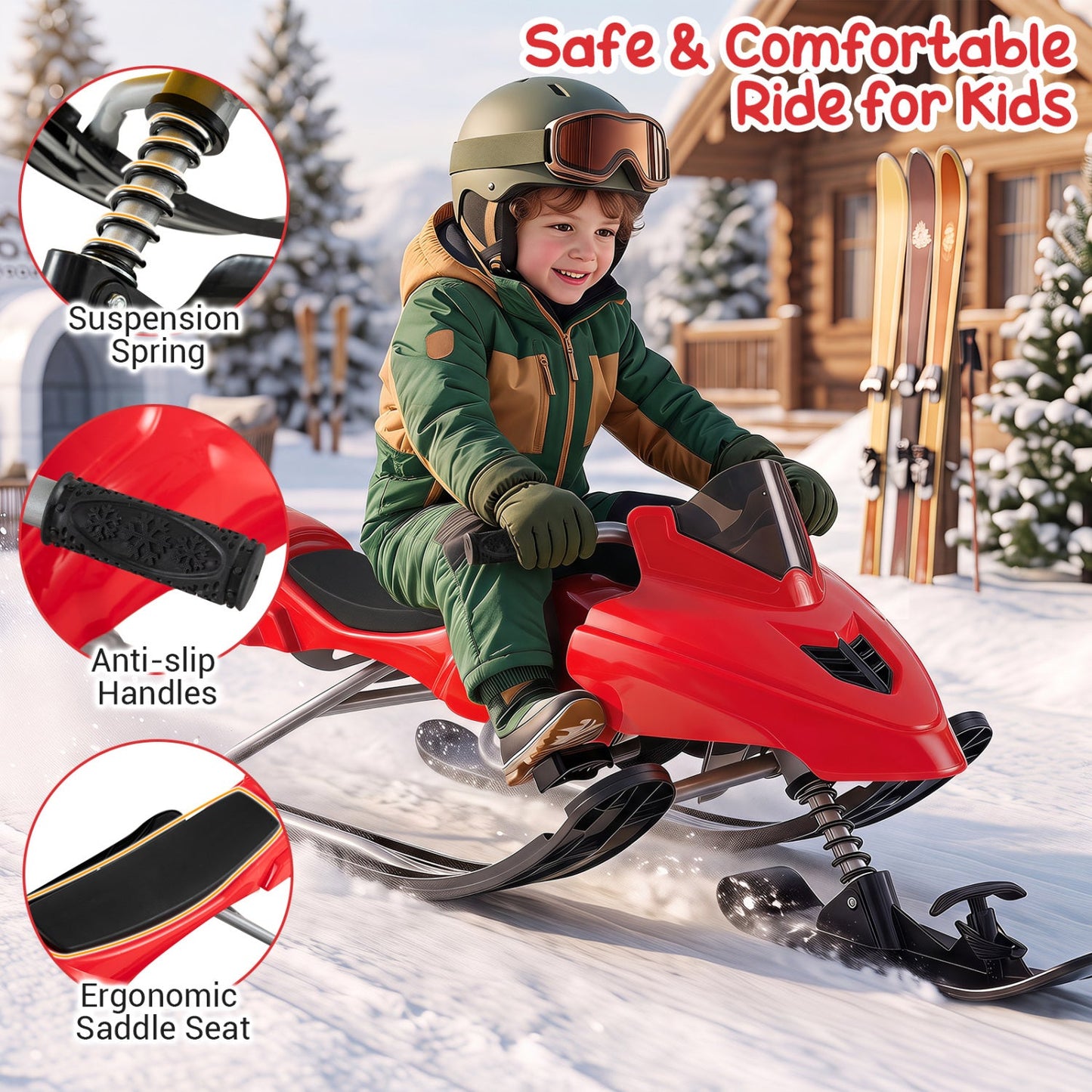 Snow Racer Sled for Kids | Brakes, Steering & Spring Suspension | Ages 6–12 | 90 lb Capacity | 3 Colors
