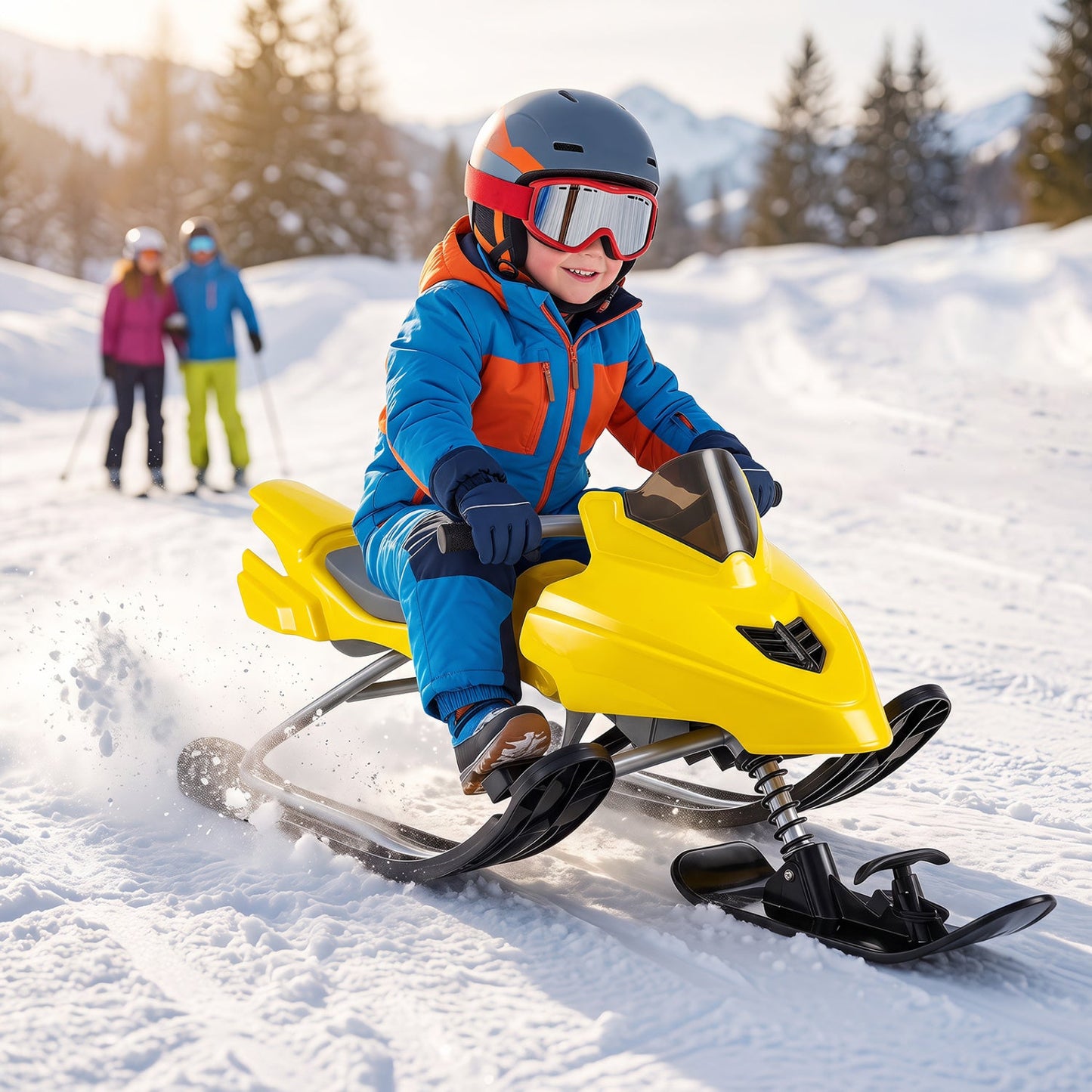 Snow Racer Sled for Kids | Brakes, Steering & Spring Suspension | Ages 6–12 | 90 lb Capacity | 3 Colors