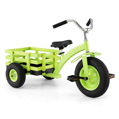 Green kids tricycle with black seat, silver handlebar, and rear wooden storage basket