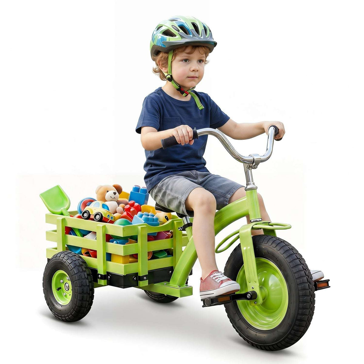 Green kids tricycle with inflatable tires and rear wooden storage basket for toys