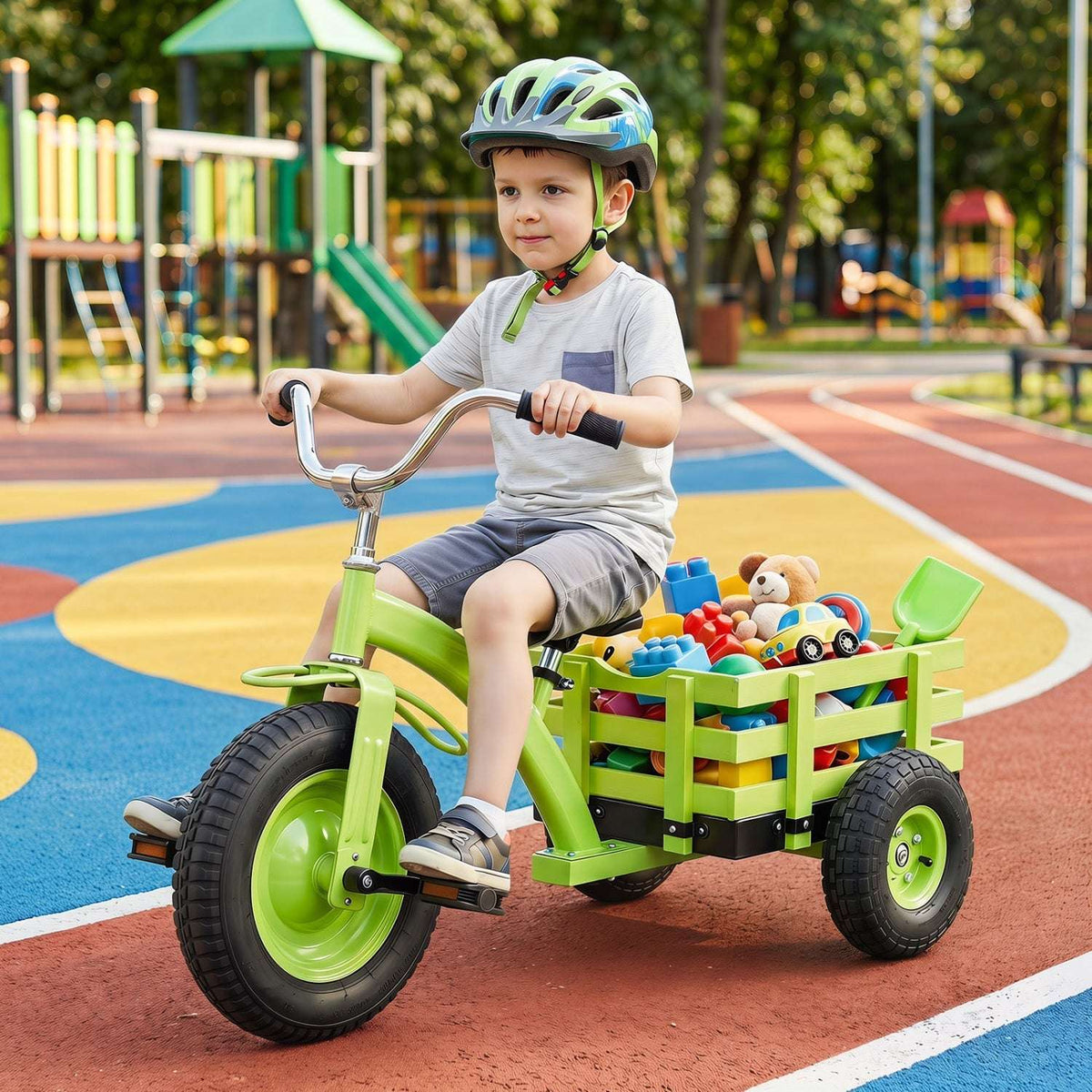 Kids green tricycle with inflatable rubber tires, steel frame, and rear wooden storage basket